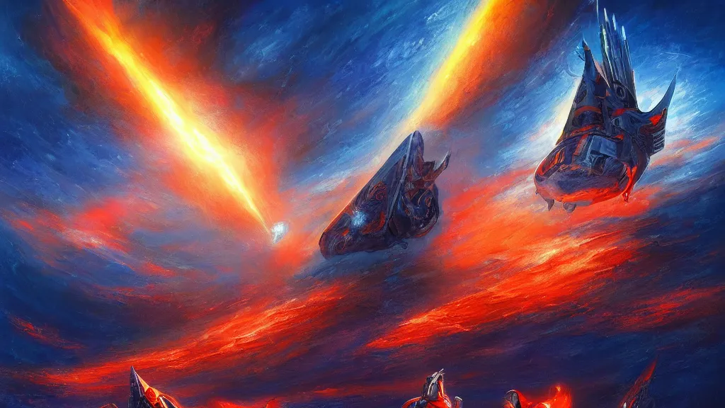 Image similar to A silver spacecraft meet gods of Egypt over the roaring scarlet red ocean draw by Art station artist Anato Finnstark, blue and orange lighting, foggy atmosphere , Bottom view