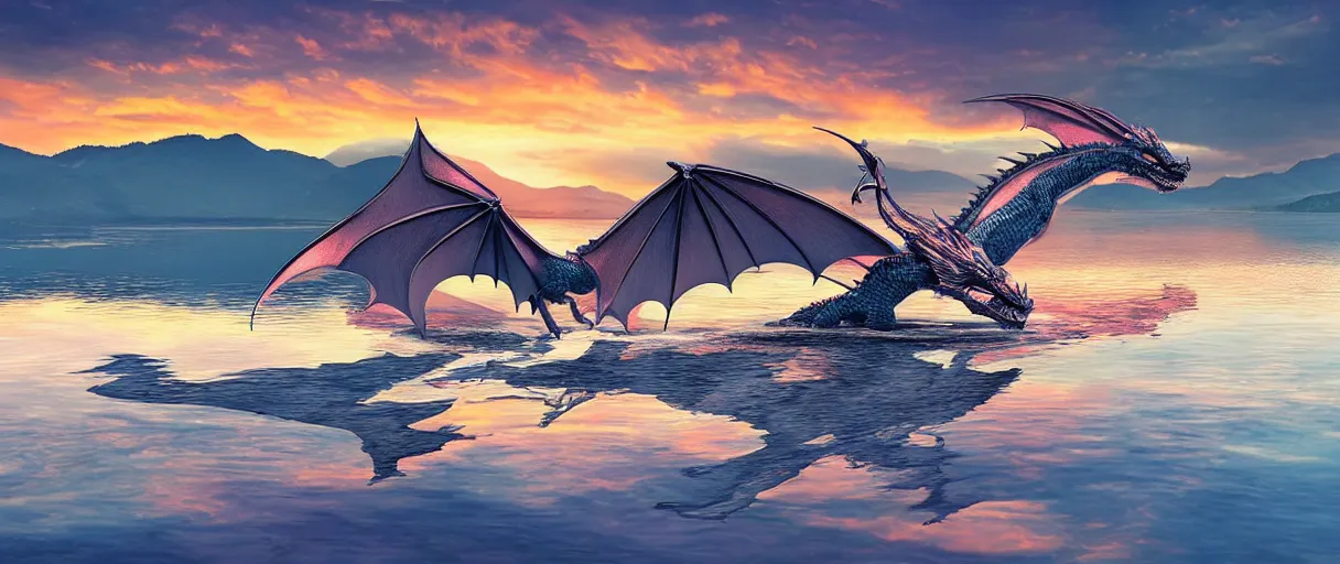 Image similar to dragon flying over a lake, silver scales, sunset, colorfull