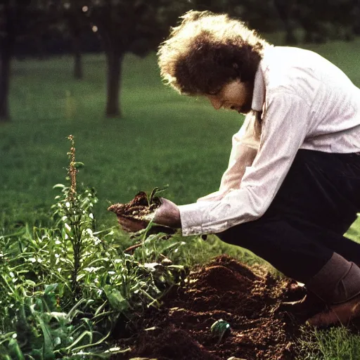 Image similar to bob dylan on his hands and knees picking through the soil looking for grubs, photograph