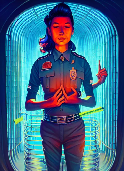 Prompt: burning police officer in sci fi prison, tristan eaton, victo ngai, artgerm, rhads, ross draws