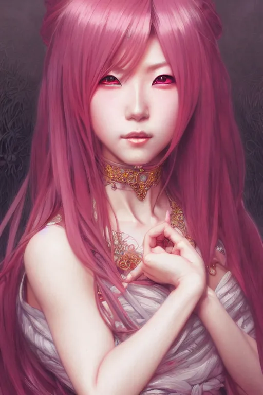 Image similar to Portrait of japanese gyaru, D&D, pink eyes, face, fantasy, intricate, elegant, highly detailed, digital painting, artstation, concept art, smooth, sharp focus, illustration, art by artgerm and greg rutkowski and alphonse mucha