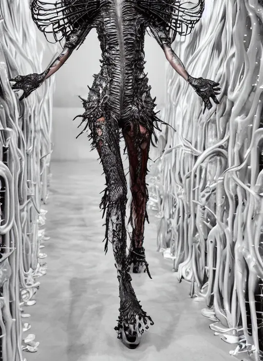 Prompt: walking down the catwalk, ben watts, show, stage, vogue photo, podium, fashion show photo, historical baroque dress dark, iris van herpen, beautiful woman, masterpiece, intricate, biopunk, vogue, full body shot, alien, plant predator, guyver, jellyfish, white biomechanical details, highly detailed