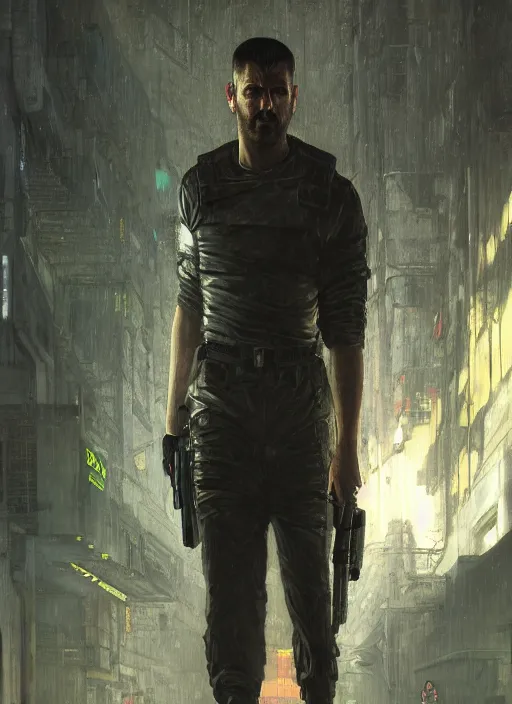 Prompt: Cyberpunk prison guard (blade runner 2049, cyberpunk 2077). Orientalist portrait by john william waterhouse and James Gurney and Theodore Ralli and Nasreddine Dinet, oil on canvas. Cinematic, hyper realism, realistic proportions, dramatic lighting, high detail 4k