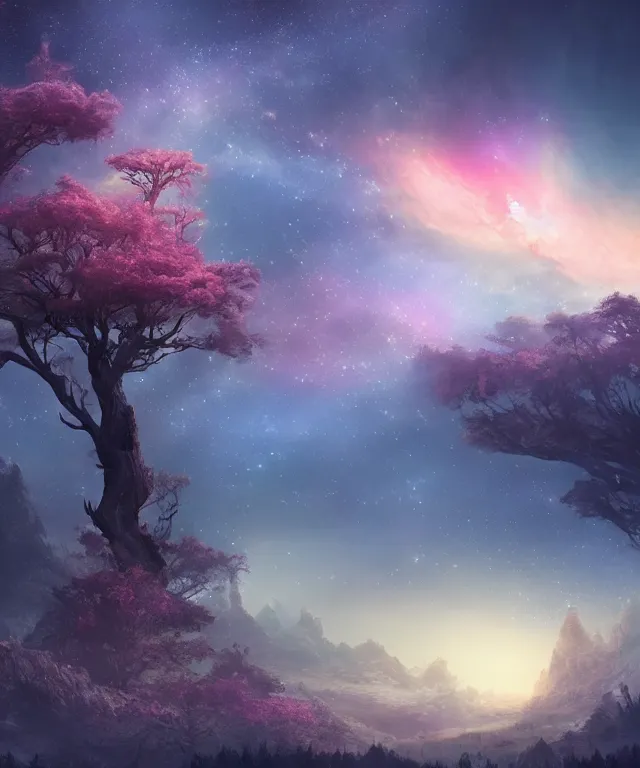 Image similar to a beautiful dreamlike terrain with large twisting trees and the nebula peeking through the sky, digital matte painting by yucong tang