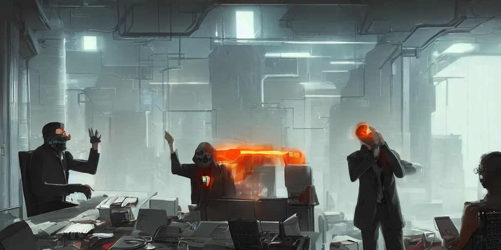 Image similar to the boss is yelling at an anonymous employee in a cyberpunk dystopian office at day in an orange smoke artstation