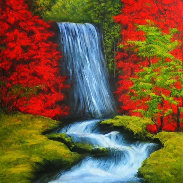 Image similar to red waterfall in a colorful forest, oil painting