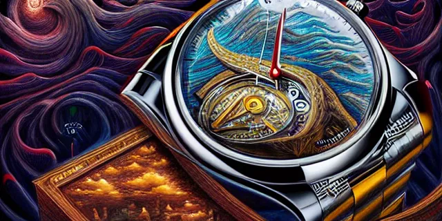 Image similar to painting hyperdetailed rolex watch face designed by dan seagrave and tomasz alen kopera and simon stahlenhag