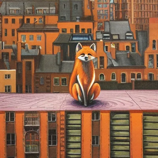 Image similar to anthropomorphic fox standing on a rooftop looking down on the city streets below, highly detailed painting