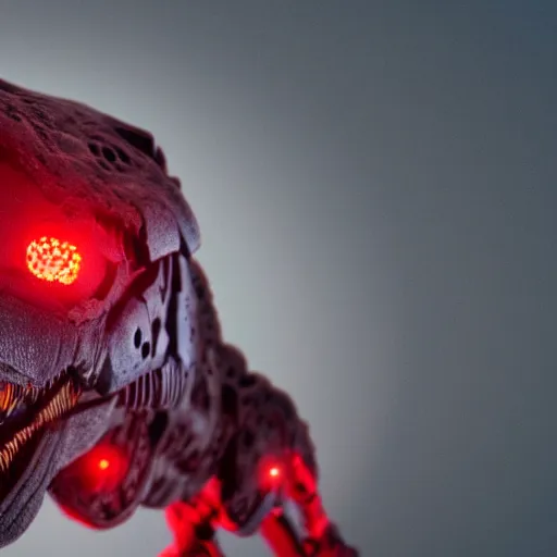 Image similar to still of a cyborg T-Rex, red eyes, robotic extended arms, 4k, film grain, 85mm