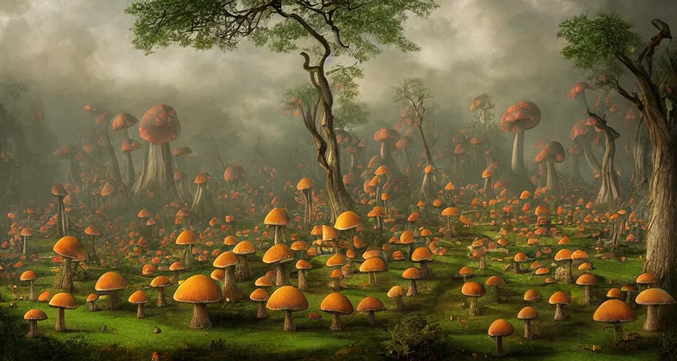 Image similar to A tribal village in a forest of giant mushrooms, by André François