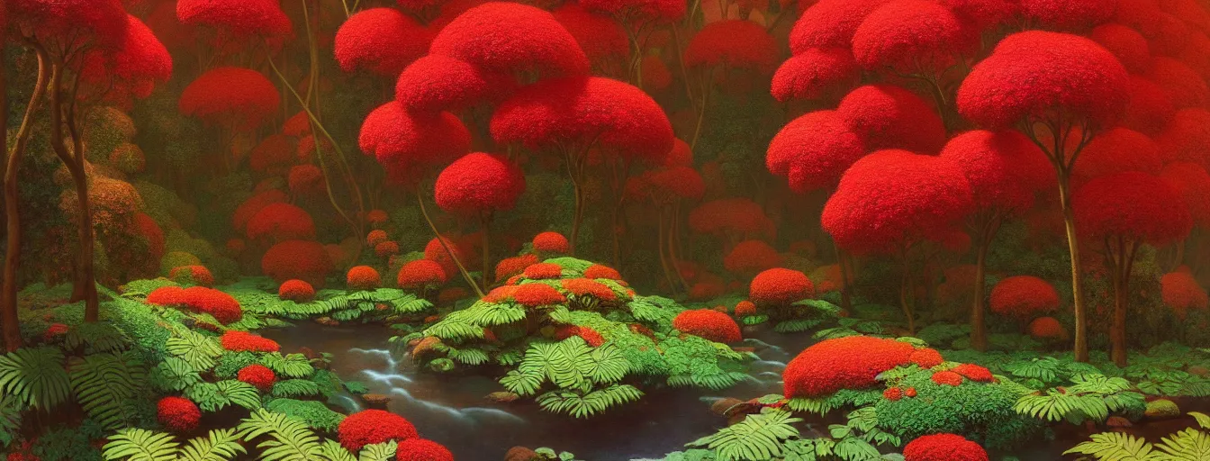 Image similar to a gorgeous very early spring series of lush islands separated by flower - lined streams, twisted gardens, flowers, fern fronds, all red, painting by barlowe wayne maxfield parrish and marco mazzoni. very little light verdancy. ultra clear detailed. all foliage is red. 3 d, octane render