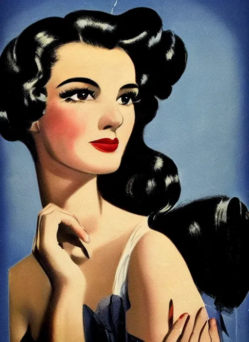 Image similar to portraitbeautiful and glamorous black-haired woman, smooth hair, arab, 1940s propaganda poster, full hd,highly detailed