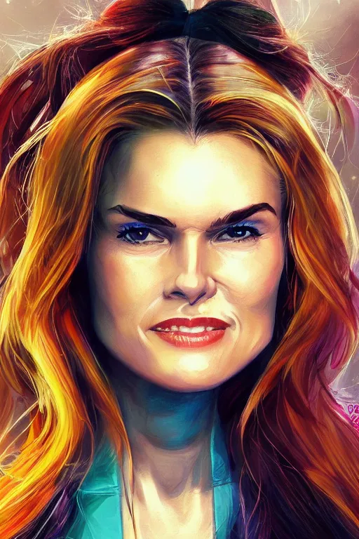 Image similar to portrait of a mix of young maria shriver, mariel hemmingway, brooke shields and elle macpherson as a marvel super hero, thin lips, hair tied up in a pony tail, colorful artstation, cgsociety