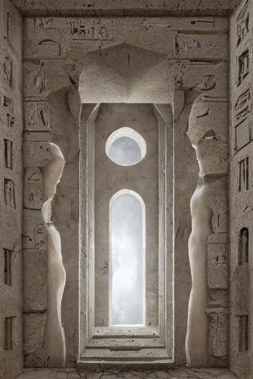 Image similar to a doorway in a stone building with a light coming through it, a marble sculpture by matthias jung, ahmed karahisari and daniel merriam, dartksynth egyptian art, featured on pinterest, gothic art, marble sculpture, reimagined by industrial light and magic, intricate