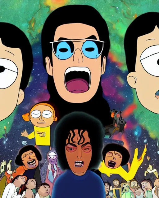 Image similar to portrait of michael jackson in the style of justin roiland. cinematic lighting. style of rick & morty. photographic, photography. by justin roiland