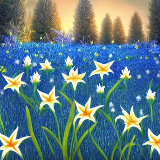 Image similar to a garden of starlight lillies, blue sky, detailed, photo-realistic