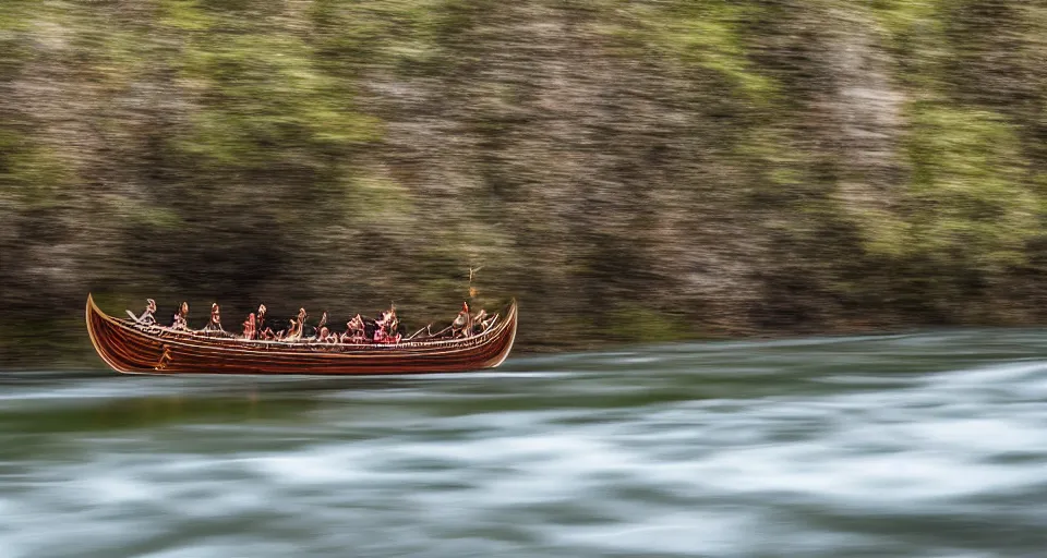 Image similar to a viking ship sailing down a river, f / 2. 8, motion blur