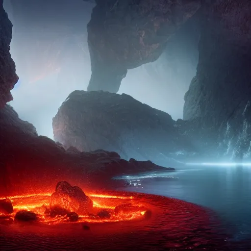 Prompt: landscape of a large Infiniti pool sitting in hell. intricate artwork by artstation. halo. octane render, cinematic, hyper realism, octane render, 8k, bokeh, demonic, dark, devil, demons, mist, red illuminating fog, rocks, hell. scheme.