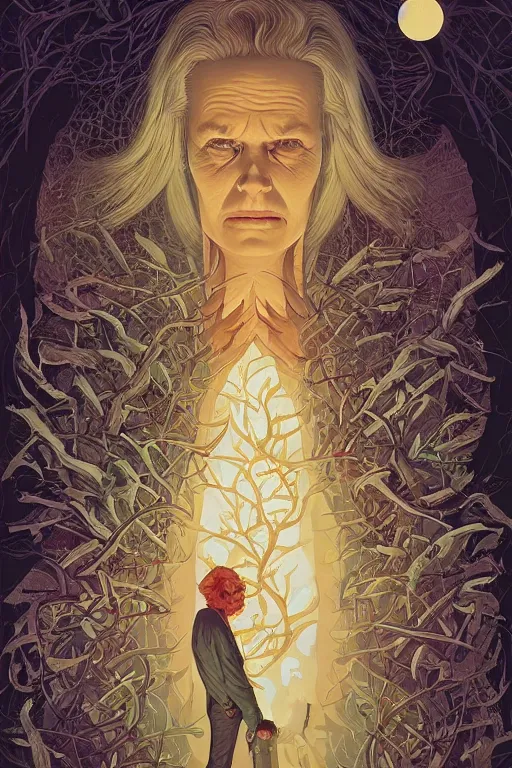 Image similar to poster artwork by Michael Whelan and Tomer Hanuka, Karol Bak of collective neurological consciousness as imagined by Carl Jung, from scene from Twin Peaks, clean, simple illustration, nostalgic, domestic, full of details