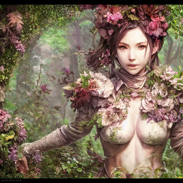 Image similar to the portrait of chaotic good female druid botanist as absurdly beautiful, gorgeous, elegant, young gravure idol, an ultrafine hyperdetailed illustration by kim jung gi, irakli nadar, intricate linework, bright colors, octopath traveler, final fantasy, unreal engine 5 highly rendered, global illumination, radiant light, detailed and intricate environment