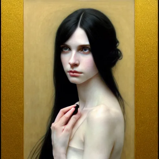 Image similar to Portrait of a beautiful, pale skin, female with long black hair, dark, piercing eyes, gentle expression, elegant clothing, photorealistic, highly detailed, artstation, smooth, sharp focus, art by Klimt, artgerm, Greg Rutkowski and Alphonse Mucha