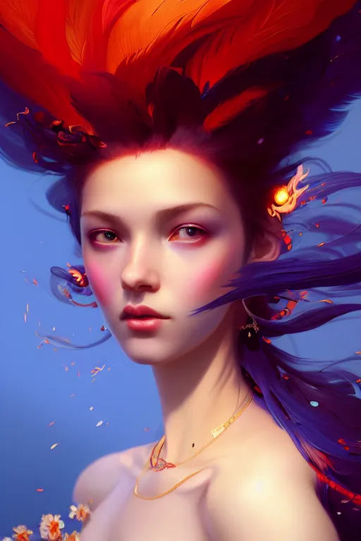 Prompt: rhythm of fire, girl beauty portrait, azure. detailed hair, fractal feathers, ornate, intricate background, fantasy art by ilya kuvshinov, peter mohrbacher, greg rutkowski, ross tran, craig mullins, thomas kinkade, victo ngai. unreal engine, blender, octane, ray tracing. sharp focus, masterpiece, post processing