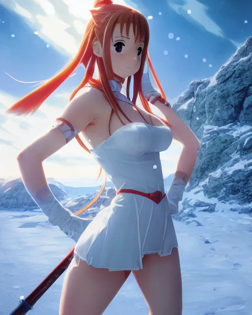 Image similar to pinup photo of asuna from sao in the ice mountains, asuna by a - 1 pictures, by greg rutkowski, gil elvgren, enoch bolles, glossy skin, pearlescent, anime, very coherent, maxim magazine, 3 d, vray, unreal 5, octave rendey, maya, cgsociety, dslr