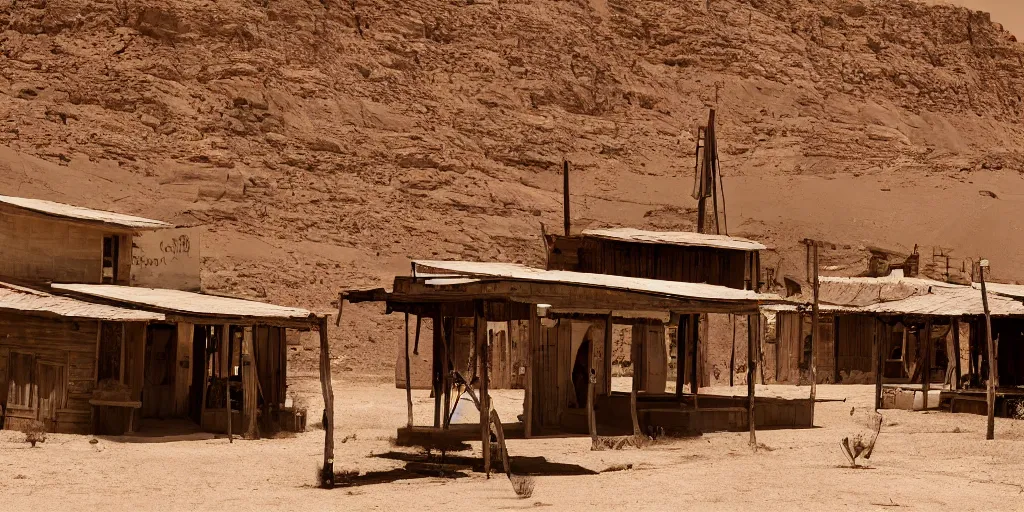 Image similar to An old western town in the desert, cinematic