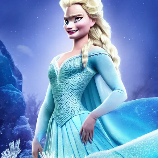 Image similar to Margot Robbie as Elsa in disney frozen live action, 8k full HD photo, cinematic lighting, anatomically correct, oscar award winning, action filled, correct eye placement,