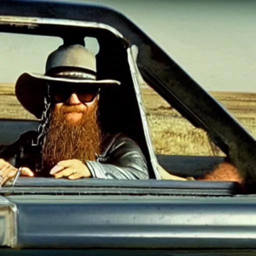 Prompt: ZZ Top sitting in back of a pickup truck bed in Mad Max Road Warrior, interior, screenshot, cinematic Eastman 5384 film