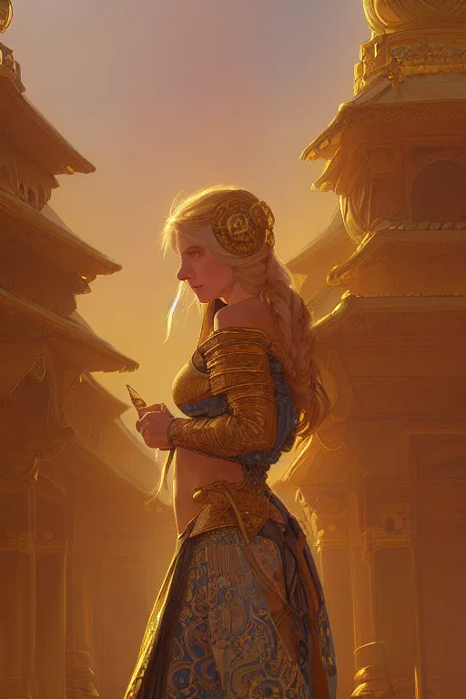 Prompt: painting of a shy shieldmaiden in front of a golden palace, decorated, intricate, elegant, highly detailed, digital painting, artstation, concept art, smooth, sharp focus, illustration, art by artgerm and greg rutkowski and alphonse mucha, 8 k