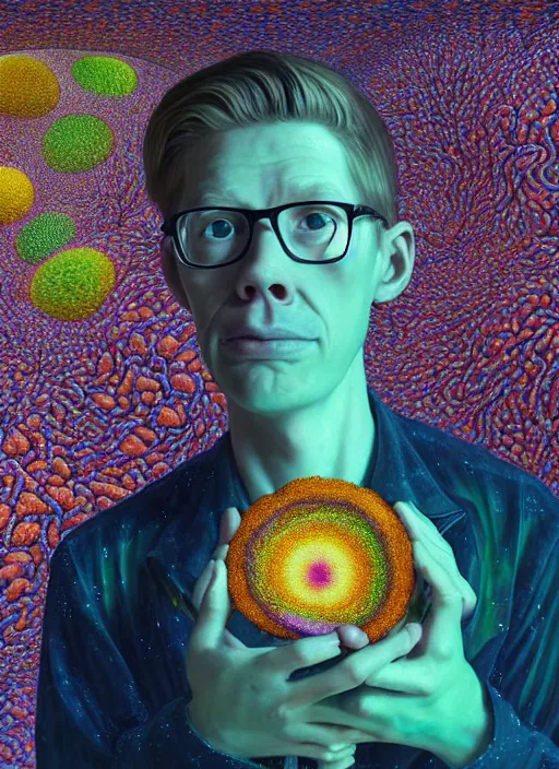 Image similar to hyper detailed 3d render like a Oil painting - serious portrait of Hank Green in Aurora (Singer) seen Eating of the Strangling network of yellowcake aerochrome and milky Fruit and Her delicate Hands hold of gossamer polyp blossoms bring iridescent fungal flowers whose spores black the foolish stars by Jacek Yerka, Mariusz Lewandowski, Houdini algorithmic generative render, Abstract brush strokes, Masterpiece, Edward Hopper and James Gilleard, Zdzislaw Beksinski, Wolfgang Lettl, hints of Yayoi Kasuma, octane render, 8k