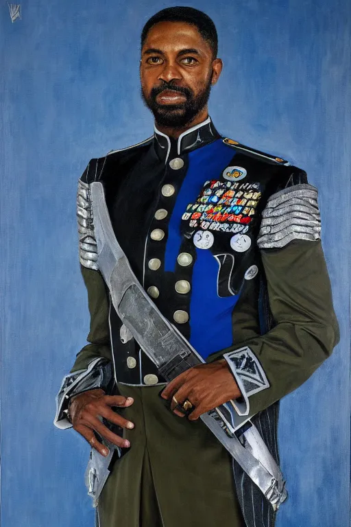 Image similar to full body portrait of the dictator of the orlando magic, 2 0 4 5, in full military garb, magic blue, silver, and black, oil on canvas by william sidney mount, trending on artstation, futuristic