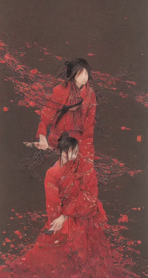 Image similar to Japanese schoolgirl runs away from Samurai with a katana on the subway, high detailed Beksinski painting, part by Adrian Ghenie and Gerhard Richter. art by Takato Yamamoto. masterpiece, deep colours, red