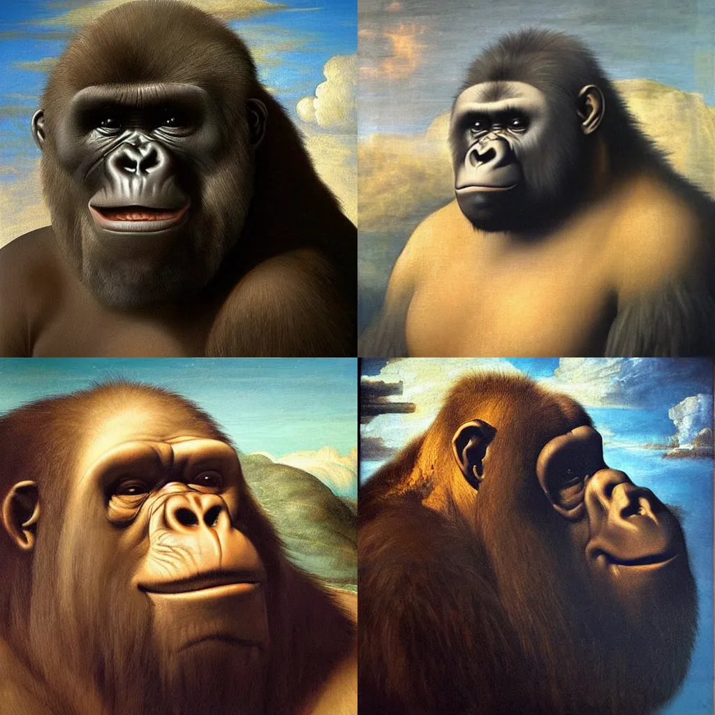Prompt: amazing concept art oil painting of a smiling silverback gorilla in a land made of fluffy clouds, Leonardo da Vinci