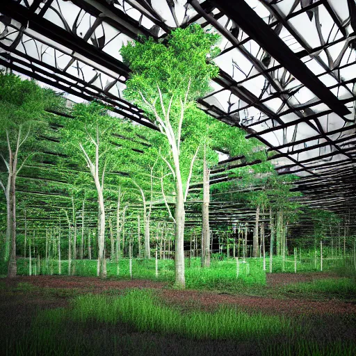 Prompt: beautiful render of a forest growing inside of a bright industrial warehouse