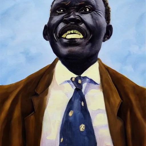 Prompt: a painting of a loving, caring fatherly wide forehead, round face, XXL , generous, ever-present, humble, wise elder from Kenya in a suit by Wangechi Mutu . Fatherly/daddy, focused, loving, leader, relaxed. Blue background, heavenly lights, details, smooth, sharp focus, illustration, realistic, cinematic, artstation, award winning, rgb , unreal engine, octane render, cinematic light, macro, depth of field, blur, red light and clouds from the back, highly detailed epic cinematic concept art CG render made in Maya, Blender and Photoshop, octane render, excellent composition, dynamic dramatic cinematic lighting, aesthetic, very inspirational, arthouse.