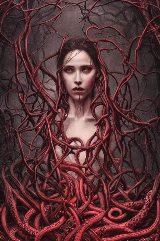 Image similar to realistic portrait beautiful detailed matte painting of cinematic movie scene a ancient god of death, tentacles, black and red, thorns, vines, horror, created by gustave dore and greg rutkowski, high detailed, smooth draw, synthwave neon retro, intricate, realistic proportions, dramatic lighting, trending on artstation.