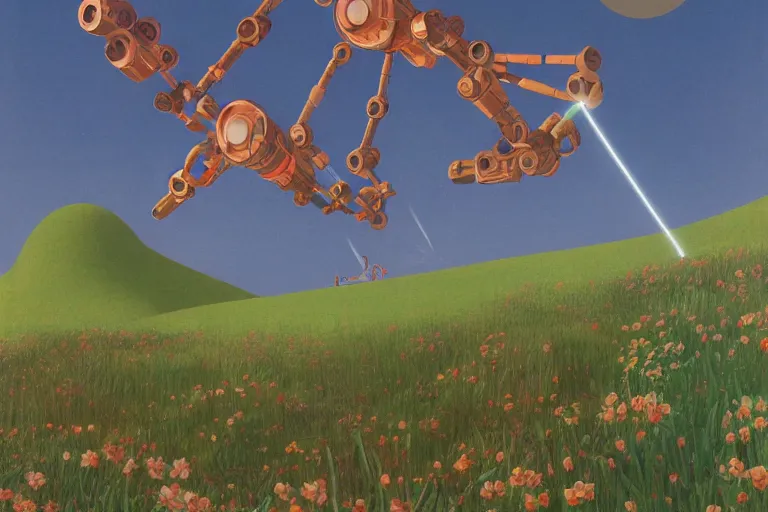 Image similar to giant mecha robot with laser, blooming hills with spring flowers and pillars by helen lundeberg