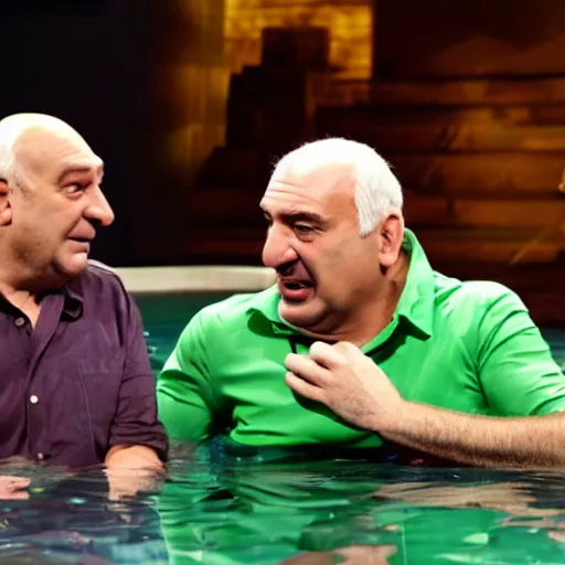 Image similar to mid white hair old man with green shirt and white short, sitting in shark tank with kevin o'leary