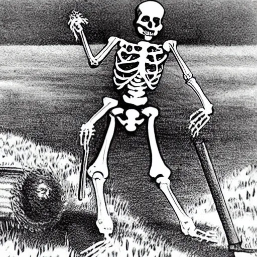 Prompt: a farmer skeleton working his field, soviet propaganda