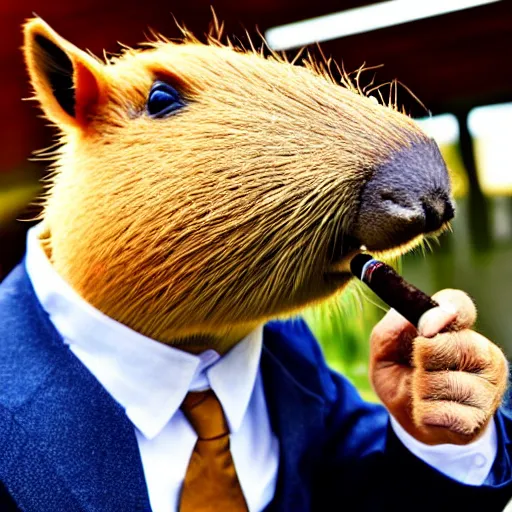 Image similar to an accurate capybara wearing a business suit and smoking a cigar in his mouth