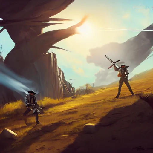 Prompt: gun duel between two gunslinggers, backlight confrontation, far steppes background, windy environment, concept art, artstation, digital art, wide angle