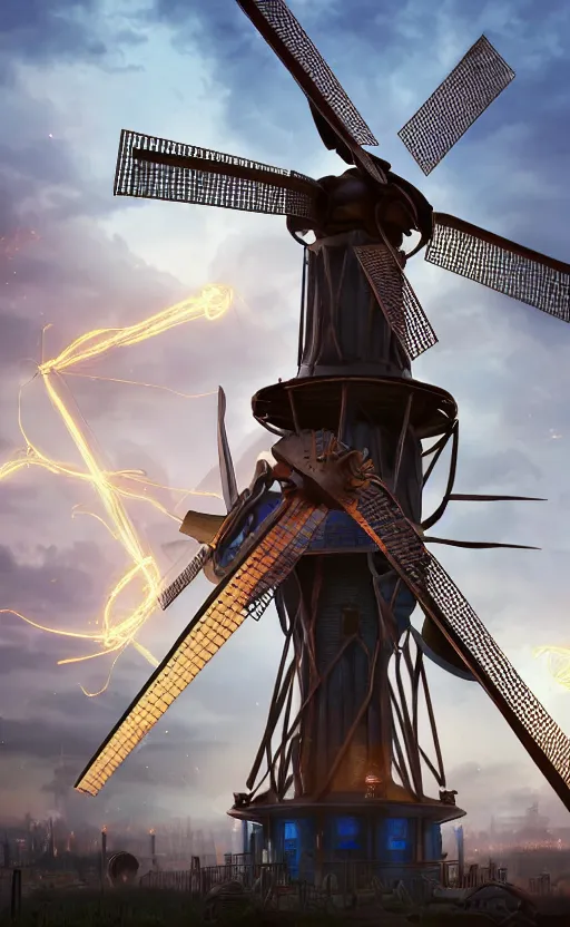 Image similar to a steampunk windmill, zoomed in, spinning fast, robot, blue fire, electricity lightning, concept art, sharp focus, intricate details, very high details, photorealistic, disney pixar, octane render, iridescent, anime, 8 k