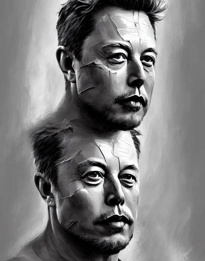 Image similar to painted portrait of rugged elon musk, asymmetrical, god of thunder, greek god, white hair, masculine, mature, handsome, upper body, muscular, hairy torso, fantasy, intricate, elegant, highly detailed, digital painting, artstation, concept art, smooth, sharp focus, illustration, art by steven zabata