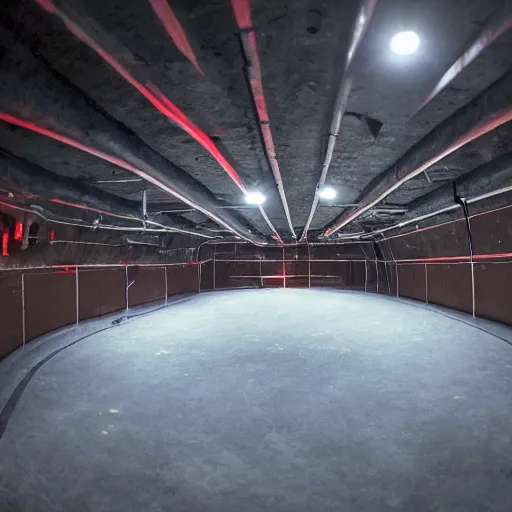 Image similar to wide angle shot of an underground club which is located two floors underground in parking a lot with minimal hip - hop lighting design which can be seen from the street