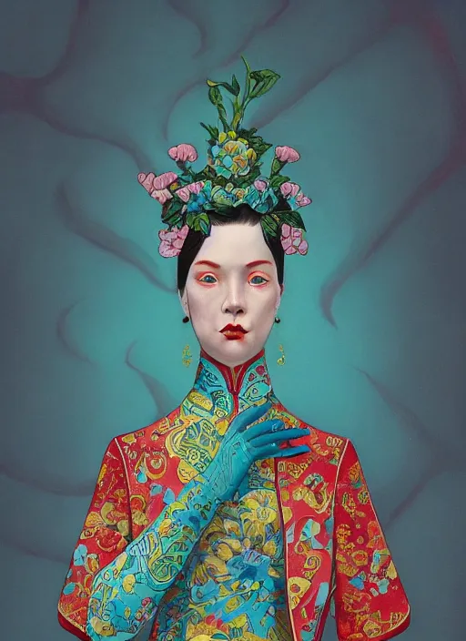 Image similar to cheongsam : : by martine johanna and simon stalenhag and chie yoshii and casey weldon and wlop : : ornate, dynamic, particulate, rich colors, intricate, elegant, highly detailed, centered, artstation, smooth, sharp focus, octane render, 3 d