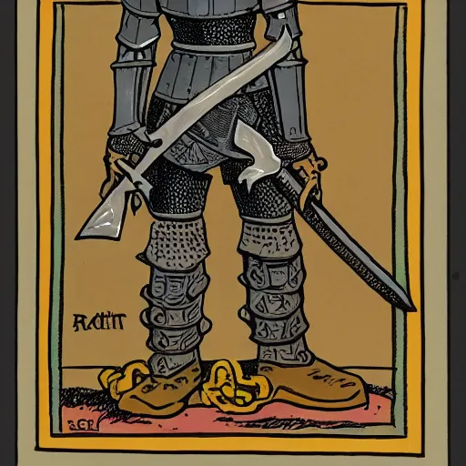Prompt: a knight in black plate armour, holding a sword pointed to the ground, painted by robert crumb