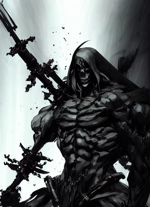 Prompt: Grim Reaper, god of rot. In style of Yoji Shinkawa and Hyung-tae Kim, trending on ArtStation, dark fantasy, great composition, concept art, highly detailed, dynamic pose.