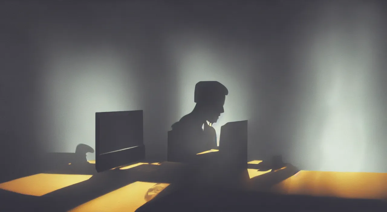 Image similar to a shadow figure working on the computer, emitting a bright white light, vivid colors, soft lighting, atmospheric, cinematic, moody, oil on canvas, 8 k